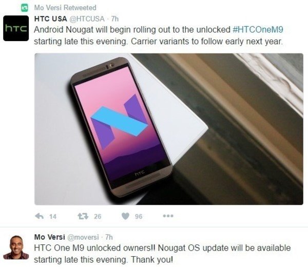 HTC M9收到安卓7.0推送
